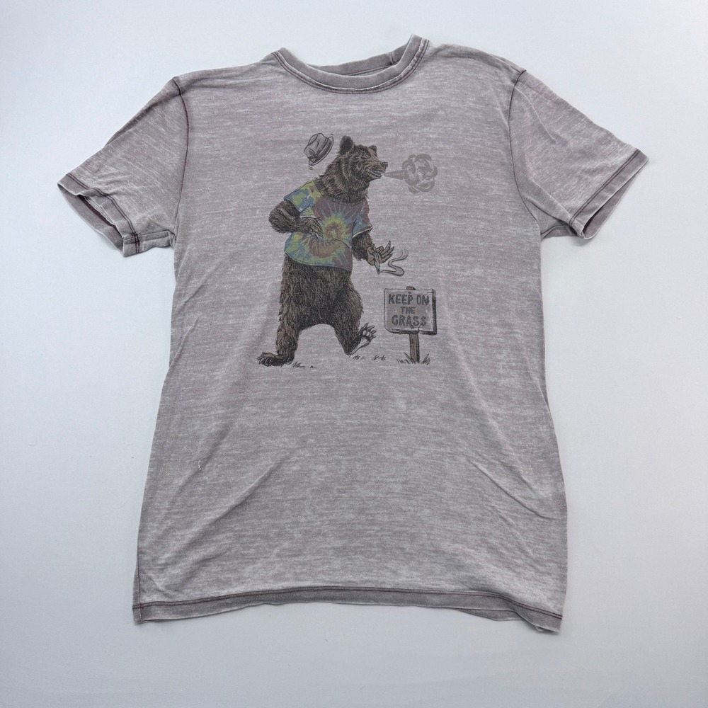 Lucky Brand Venice Burnout T-Shirt Grey Keep On The Grass Bear Graphic Small
